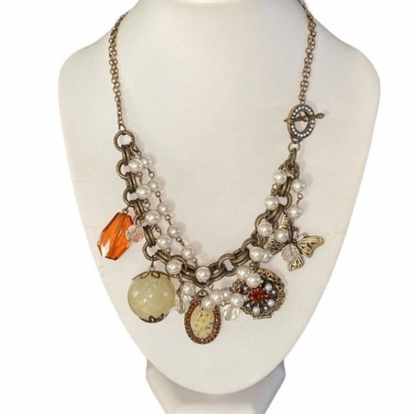 Vintage Style Necklace with Charms and Locket Faux Pearls Butterfly - Picture 1 of 9